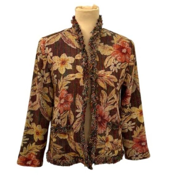 Chico’s Tweed Jacket Size 0 Size 4 Floral Fringe - Picture 1 of 15